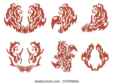 Flaming decorative symbols: rooster and others