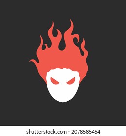 Flaming Demon Face Symbol Logo on Black Background. Tribal Decal Stencil Tattoo Design. Flat Vector Illustration.