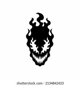 Flaming Demon Icon Logo Design. Black and White Decal Stencil Tattoo. Flat Vector Illustration on White Background.