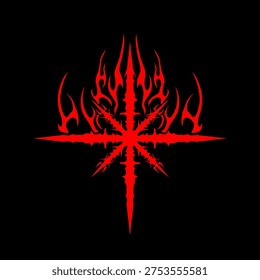 Flaming demonic cross vector in brutal gothic style, sharp occult symbol for metal artwork, dark tattoo inspiration, and aggressive t-shirt print apparel 