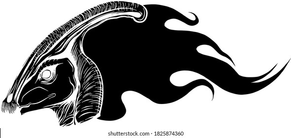 Flaming dinosaurus with flames black silhouette isolated vector illustration