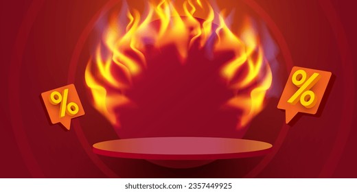 Flaming discount sale podium. Special offer composition. Vector illustration