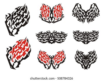 Flaming dragon head and butterflies from it. Tribal aggressive dragon head and butterflies formed by the head of a dragon, isolated on a white background