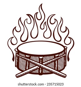 Flaming drums, snare drum with sticks logo, drummer emblem, rock music concert flyer, rockabilly flames