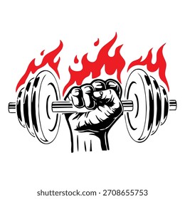 Ilustración vectorial de mancuernas llameantes: Gimnasio, culturismo y entrenamiento de fuerza de gran alcance Gráfico