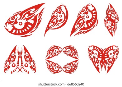 Flaming eagle in the form of an eye and symbols from it. Stylization of an eagle in the form of an eye - ornate set for your design