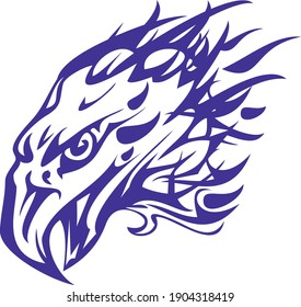 Flaming eagle head symbol on a white backdrop. Bald eagle head emblem in dark blue color for tattoo, embroidery, engraving, textiles, labels, prints on T-shirts, etc.