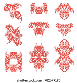 Flaming eagle symbols decorative elements. Tribal  fantastic eagle symbol with open wing and double eagle elements formed from it