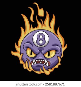 flaming eight ball cartoon illustration style