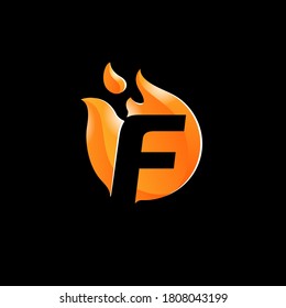 Flaming F letter logo template - fireball with counter-form of letter inside - for dark corporate background
