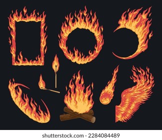 Flaming fire colorful set emblems with frames for logo or text and matchstick or bonfire with firewood vector illustration