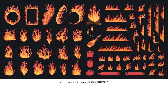 Flaming fire colorful set emblems with frames and emblems for advertising decorations on theme of explosion or burning vector illustration