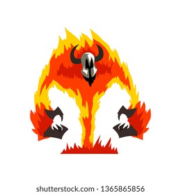 Flaming Fire Devil, Demonic Infernal Creature Cartoon Character Vector Illustration