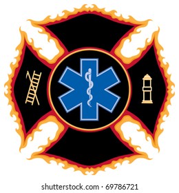 Flaming Fire and Rescue Maltese Cross Symbol is a six color illustration and is easily edited or separated for print or screen print. Each major element is on a separate layer for your convenience.