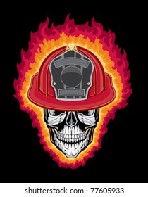 Flaming Firefighter Skull and Helmet is an illustration of a flaming stylized human skull wearing a firefighter helmet. Vector format is easily edited or separated for print and screen print.