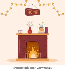 a flaming fireplace with interior elements. vector illustration in a cartoon flat style