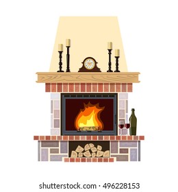 Flaming fireplace in the parlor. Cute and cozy burning hearth with clock, wine bottle and glasses, candlesticks, firewood. For postcards, greetings, prints, textile, web background, banner