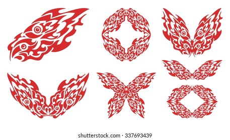 Flaming fish and symbols from it. Abstract fish with an eagle, butterflies and frames from it