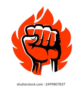 Flaming fist emblem. Fighting spirit sport logo or symbol. Hand clenched power strength vector illustration