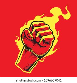 Flaming fist hand drawn comic ink style a propaganda illustration