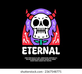 Flaming flower devil skull with eternal text, illustration for logo, t-shirt, sticker, or apparel merchandise. With doodle, retro, groovy, and cartoon style.