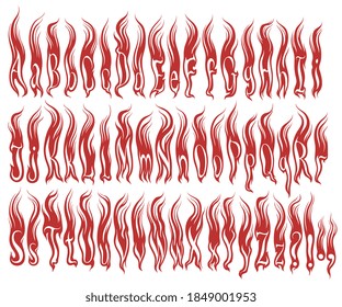 Flaming font. Design set. Hand drawn engraving. Editable vector vintage illustration. Isolated on white background. 8 EPS