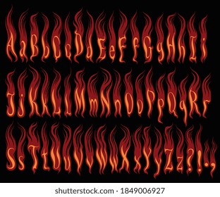Flaming font. Design set. Hand drawn engraving. Editable vector vintage illustration. Isolated on black background. 8 EPS