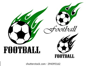 Flaming football or soccer ball emblem design with green and black flames in tribal style, for sports design