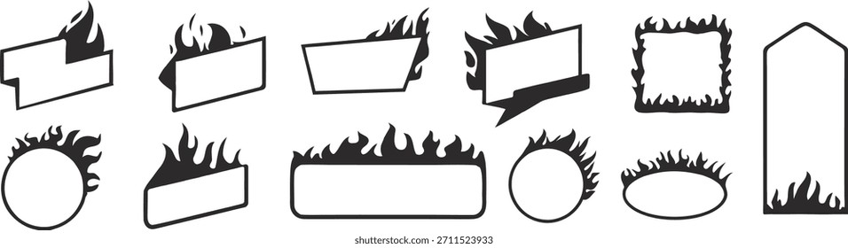 Formas de quadro e banner flamejantes em estilo de silhueta preta em negrito. Rótulos com temas de fogo e bordas adicionam intensidade e drama aos designs. Perfeito para pôsteres, logotipos e gráficos arrojados.