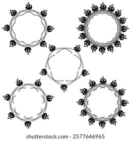 Flaming frame circles. Fiery ring motif. Black white contrast. Vector fire outline.