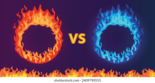 Flaming frames for confrontation. Burning versus borders. Red and blue circle fires. Rivalry fight design. Opponents competition. VS banner. Boxing championship. Recent