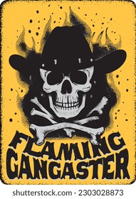 Gangster flamante, pandilla, afiche vintage, retro, camiseta, estampado, fuego, colores grises y amarillos, arte, música, 1960, viejo oeste, gángster, cráneo, pandilla de cráneos, huesos