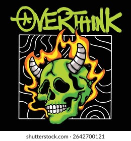Flaming Green Skull with Horns for streetwear illustration