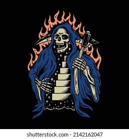 Flaming grim reaper vintage illustration.