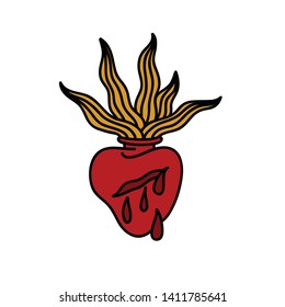 flaming heart doodle icon, traditional tattoo illustration