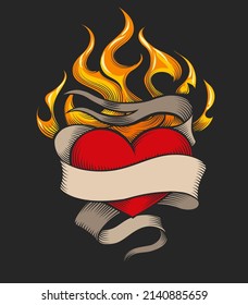 Flaming Heart Emblem and banner for your iscription isolated on black background. Vector illustration.