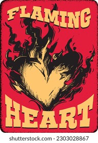 Corazón flamante, pandilla, afiche vintage, retro, camiseta, estampado, estallido, disparo, colores amarillo y rojo, arte, música, 60', viejo oeste, gángster, estilo cómico, calor, amor, inferno, valentinas, romance