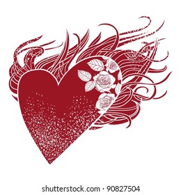 Flaming heart, a graphic element with roses and a stylized fire