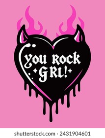 Corazón flameante con cuernos sobre un fondo rosa con una inscripción dibujada a mano "you rock, girl"