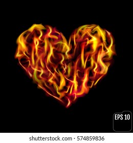 Flaming heart isolated on black background. Love symbol.