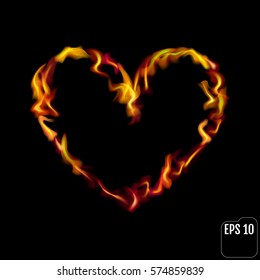 Flaming heart isolated on black background. Love symbol.
