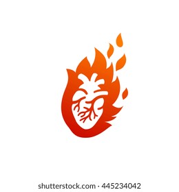 Flaming heart, logotype for t-shirt apparel clothing print, isolated on white background vector graphic illustration art.