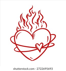 Corazón en llamas con líneas de órbita. Símbolo de amor apasionado dibujado a mano. Vector aislado ilustración de contorno sobre fondo blanco