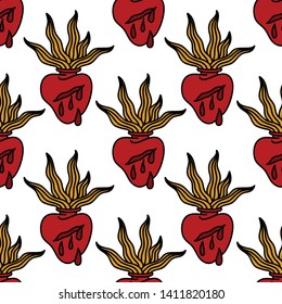 flaming heart seamless doodle pattern