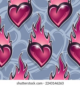 Flaming heart seamless pattern vector art with love heart and fire flame graphic for print, Valentine's day wrapping paper, postcard, textile and wallpaper design.