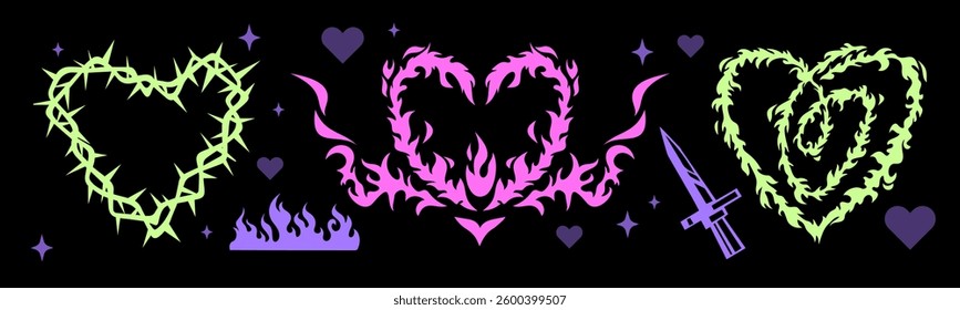 Flaming heart set - love symbol with thorn and barbed wire frames, dagger and, burning silhouettes. Decorative elements for edgy old school brutalism tattoo designs in neon green and pink colors.