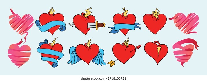 Conjunto de Vector de tatuaje de corazón en llamas, corazones románticos de amor con cinta, flecha y alas, coloridas Ilustraciones de corazón de San Valentín dibujadas a mano para pegatinas, camiseta, póster y Diseño gráfico.