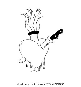 Flaming heart tattoo in y2k, 1990s, 2000s style. Emo goth element design. Old school tattoo. Vector illustration