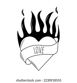 Flaming heart tattoo in y2k, 1990s, 2000s style. Emo goth element design. Old school tattoo. Vector illustration