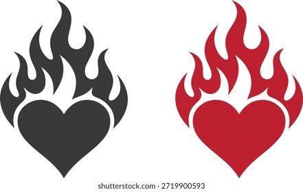 Flammendes Herz, Vektorsymbol, das Leidenschaft, brennende Liebe, starke Emotionen und Verlangen repräsentiert. Erhältlich in schwarz-roten Versionen, klares flaches Silhouettendesign einzeln auf weißem Hintergrund. Perfekt für Valentinstag-Konzepte, romantische Poster, Tattoos, Aufkleber, Logos und druckbare Designs.